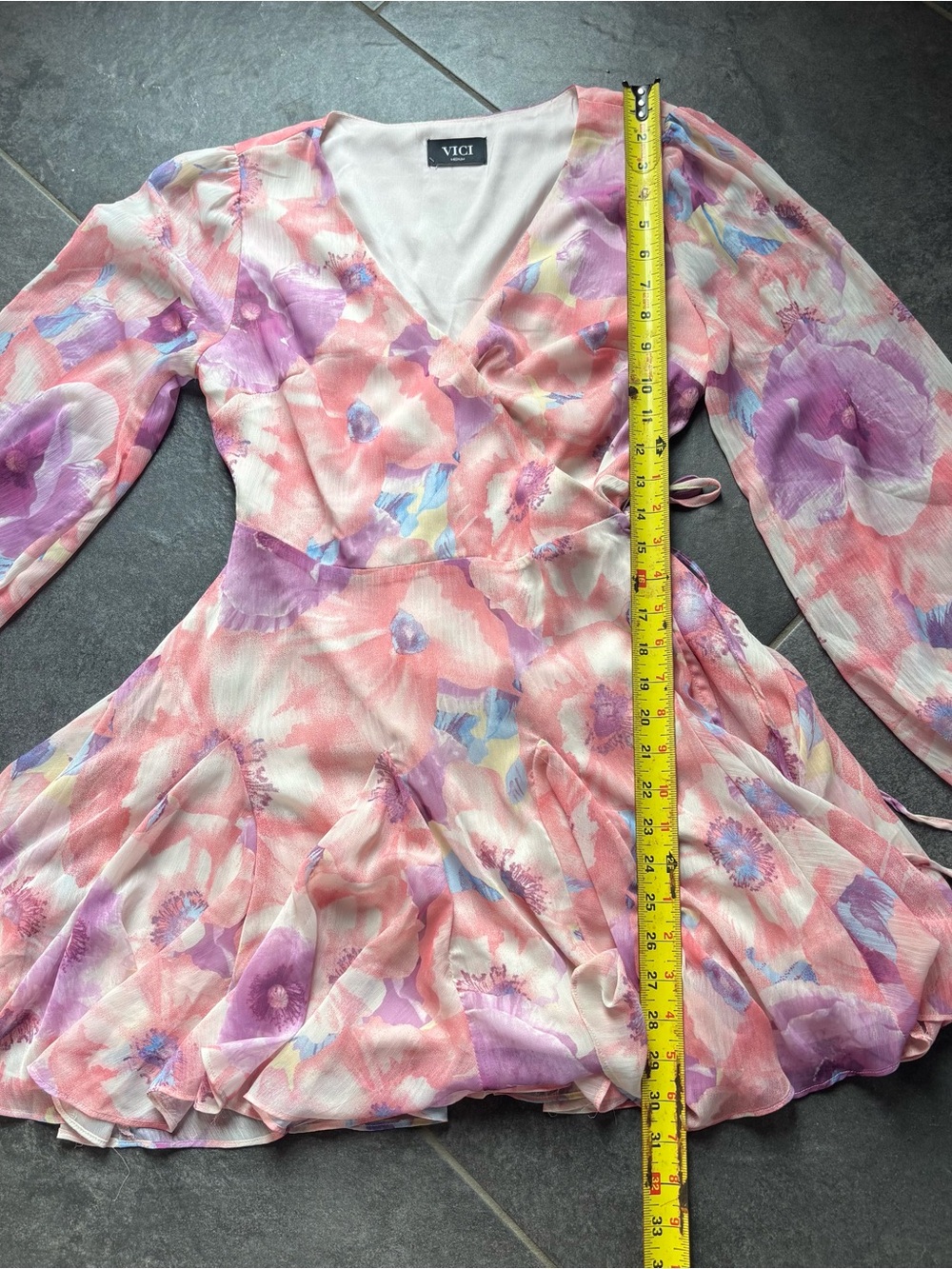 Vici Pink purple Floral Sheer Wrap Dress long sleeve M flowy hem feminine dainty - Picture 7 of 9
